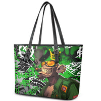 Graffiti Street Art Leather Tote Bag Smoking Ape Character and Neon Crown Symbols in Green and Yellow Graphic Design - Wonder Print Shop