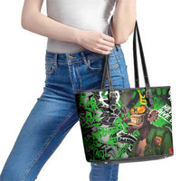 Graffiti Street Art Leather Tote Bag Smoking Ape Character and Neon Crown Symbols in Green and Yellow Graphic Design - Wonder Print Shop