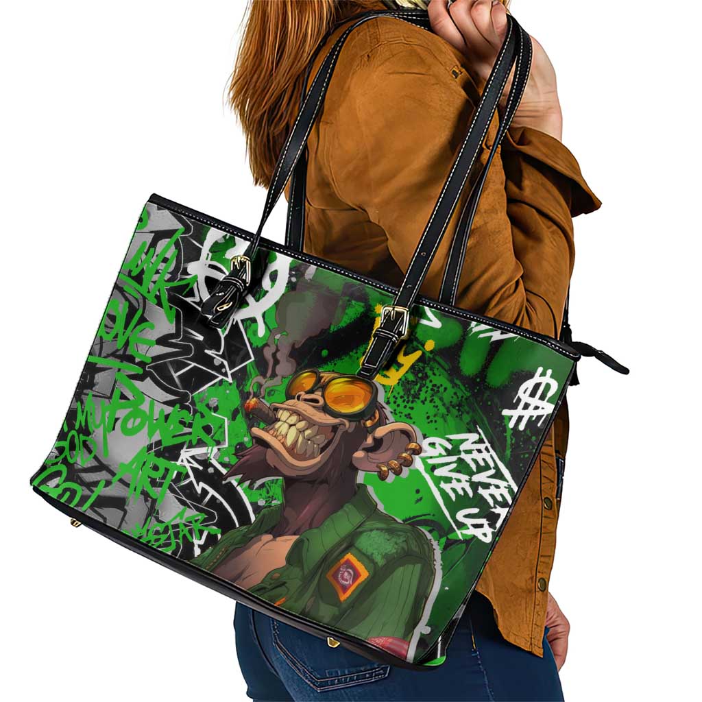 Graffiti Street Art Leather Tote Bag Smoking Ape Character and Neon Crown Symbols in Green and Yellow Graphic Design - Wonder Print Shop