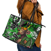 Graffiti Street Art Leather Tote Bag Smoking Ape Character and Neon Crown Symbols in Green and Yellow Graphic Design - Wonder Print Shop