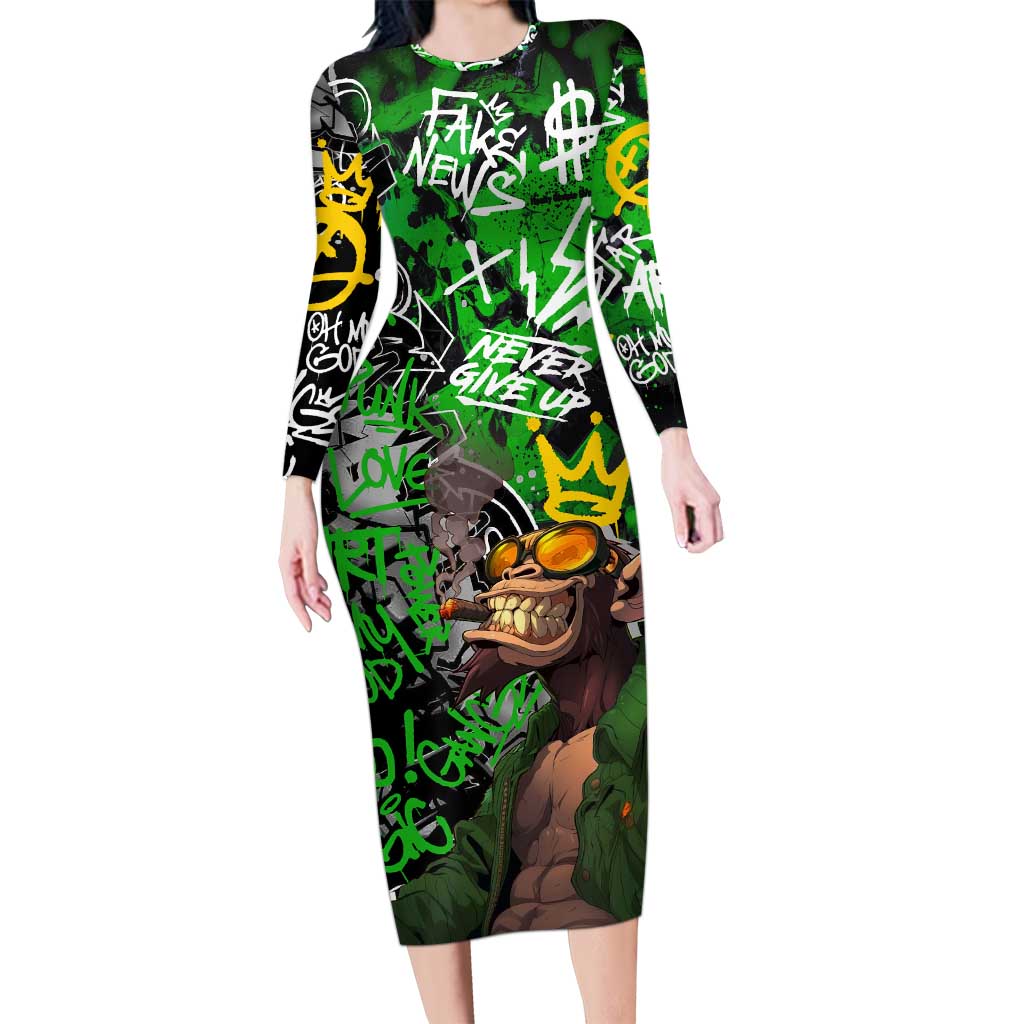 Graffiti Street Art Long Sleeve Bodycon Dress Smoking Ape Character and Neon Crown Symbols in Green and Yellow Graphic Design - Wonder Print Shop