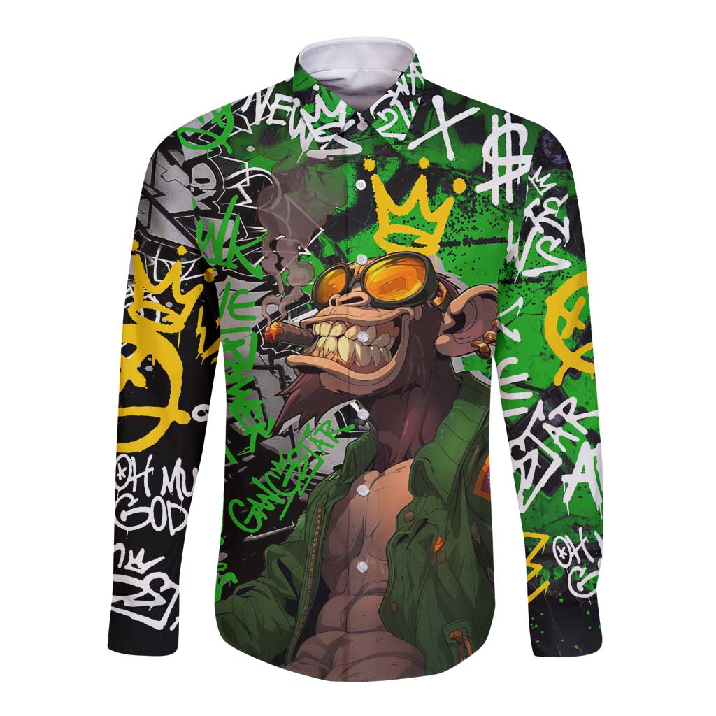 Graffiti Street Art Long Sleeve Button Shirt Smoking Ape Character and Neon Crown Symbols in Green and Yellow Graphic Design - Wonder Print Shop