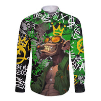 Graffiti Street Art Long Sleeve Button Shirt Smoking Ape Character and Neon Crown Symbols in Green and Yellow Graphic Design - Wonder Print Shop