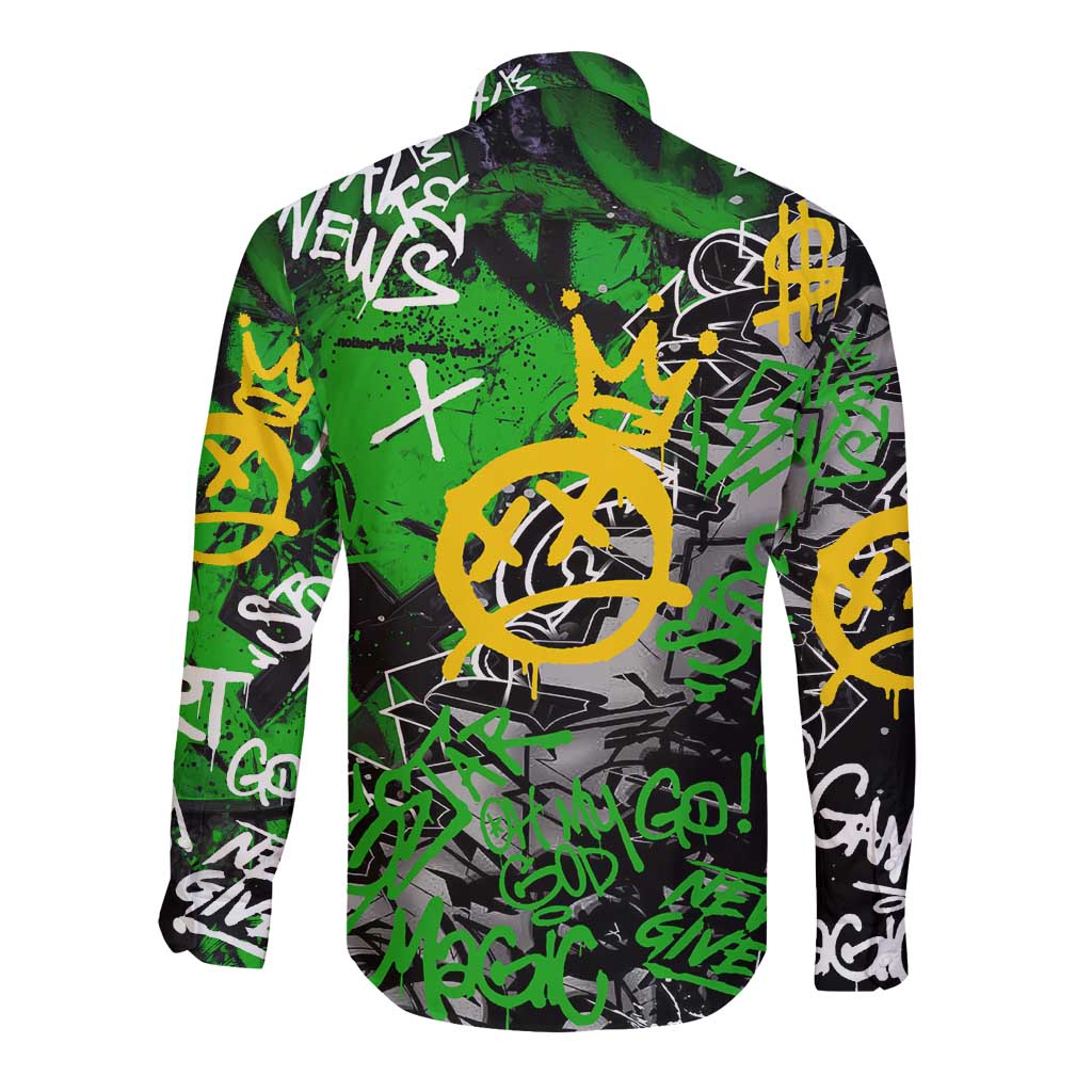 Graffiti Street Art Long Sleeve Button Shirt Smoking Ape Character and Neon Crown Symbols in Green and Yellow Graphic Design - Wonder Print Shop