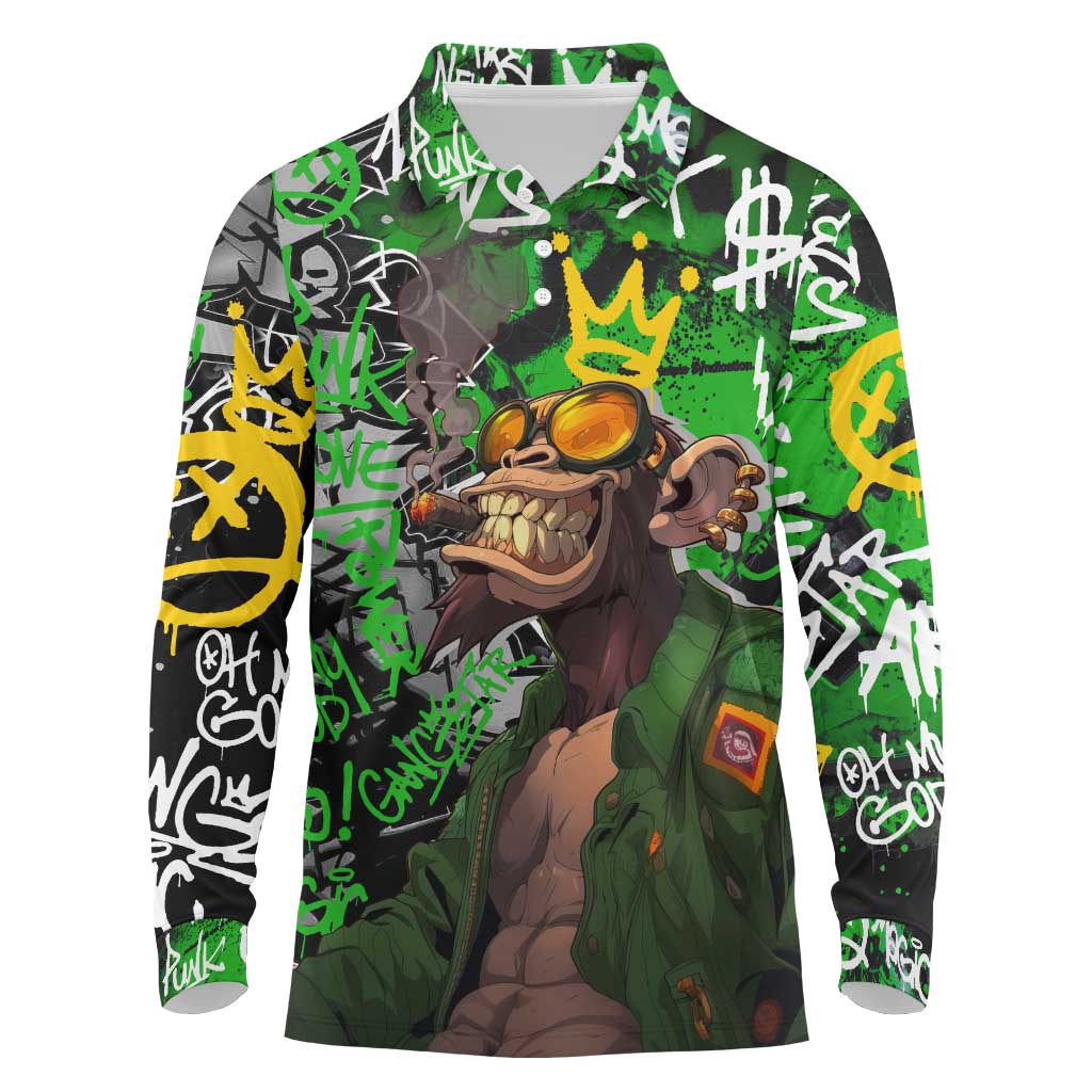 Graffiti Street Art Long Sleeve Polo Shirt Smoking Ape Character and Neon Crown Symbols in Green and Yellow Graphic Design - Wonder Print Shop