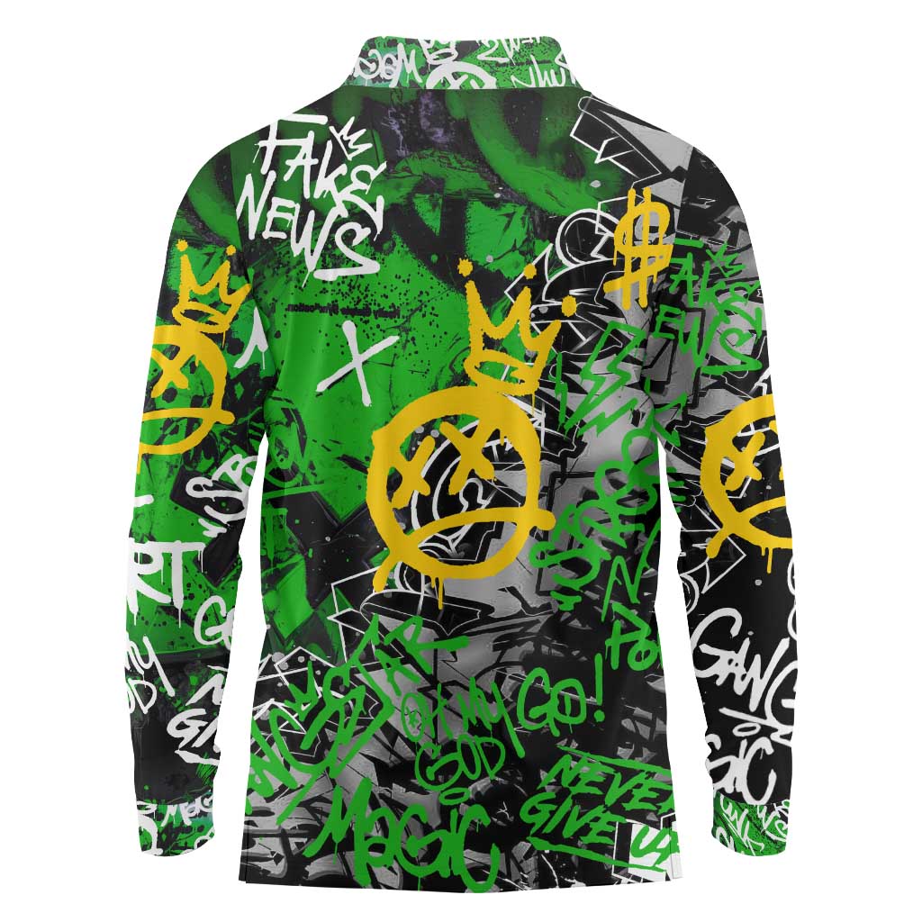Graffiti Street Art Long Sleeve Polo Shirt Smoking Ape Character and Neon Crown Symbols in Green and Yellow Graphic Design - Wonder Print Shop