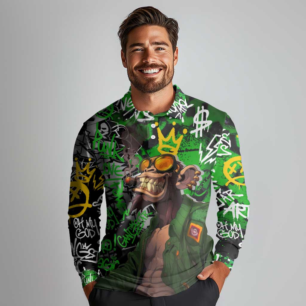 Graffiti Street Art Long Sleeve Polo Shirt Smoking Ape Character and Neon Crown Symbols in Green and Yellow Graphic Design - Wonder Print Shop