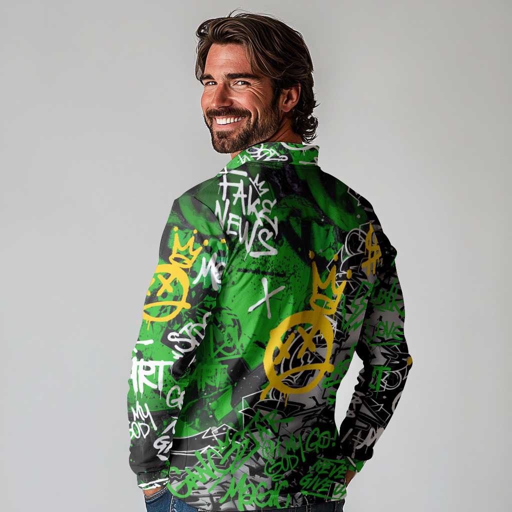 Graffiti Street Art Long Sleeve Polo Shirt Smoking Ape Character and Neon Crown Symbols in Green and Yellow Graphic Design - Wonder Print Shop