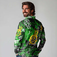 Graffiti Street Art Long Sleeve Polo Shirt Smoking Ape Character and Neon Crown Symbols in Green and Yellow Graphic Design - Wonder Print Shop