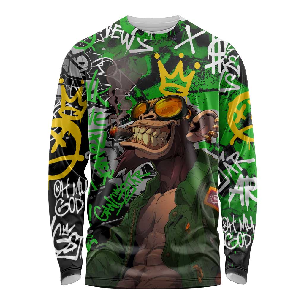 Graffiti Street Art Long Sleeve Shirt Smoking Ape Character and Neon Crown Symbols in Green and Yellow Graphic Design - Wonder Print Shop