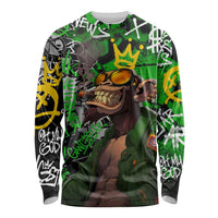Graffiti Street Art Long Sleeve Shirt Smoking Ape Character and Neon Crown Symbols in Green and Yellow Graphic Design - Wonder Print Shop