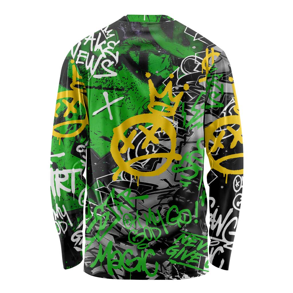 Graffiti Street Art Long Sleeve Shirt Smoking Ape Character and Neon Crown Symbols in Green and Yellow Graphic Design - Wonder Print Shop