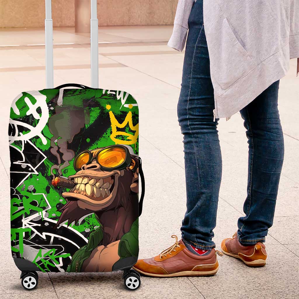 Graffiti Street Art Luggage Cover Smoking Ape Character and Neon Crown Symbols in Green and Yellow Graphic Design - Wonder Print Shop
