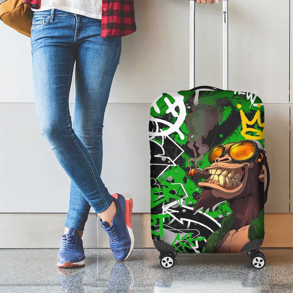 Graffiti Street Art Luggage Cover Smoking Ape Character and Neon Crown Symbols in Green and Yellow Graphic Design - Wonder Print Shop
