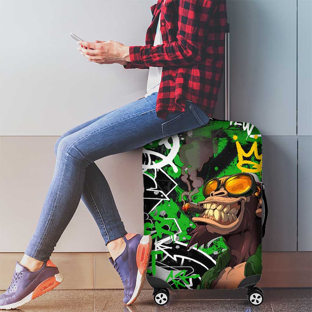 Graffiti Street Art Luggage Cover Smoking Ape Character and Neon Crown Symbols in Green and Yellow Graphic Design - Wonder Print Shop