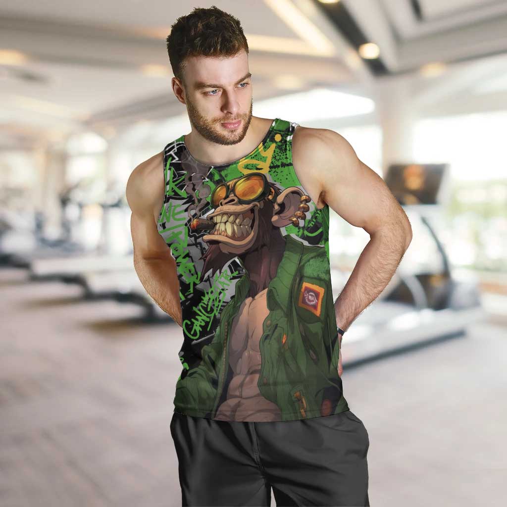 Graffiti Street Art Men Tank Top Smoking Ape Character and Neon Crown Symbols in Green and Yellow Graphic Design - Wonder Print Shop