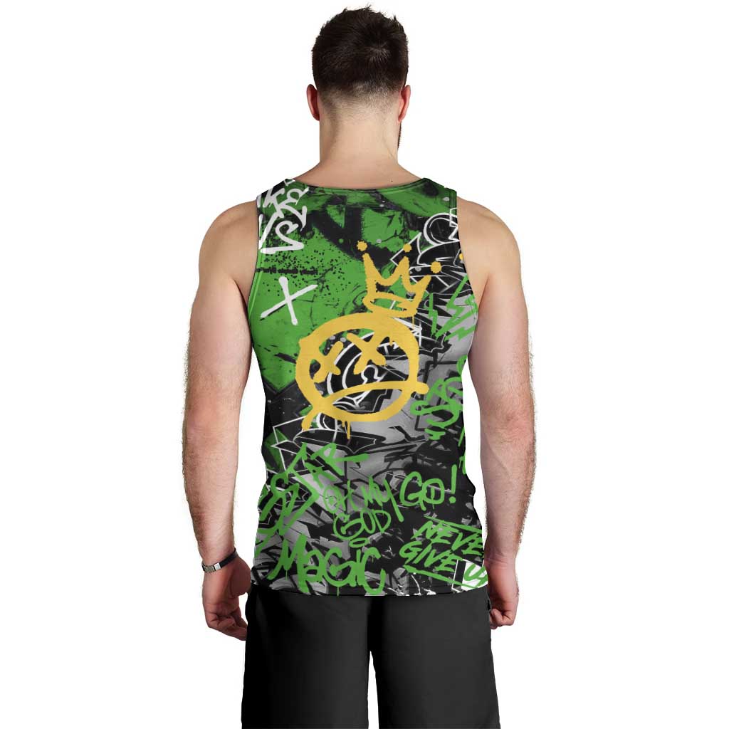 Graffiti Street Art Men Tank Top Smoking Ape Character and Neon Crown Symbols in Green and Yellow Graphic Design - Wonder Print Shop