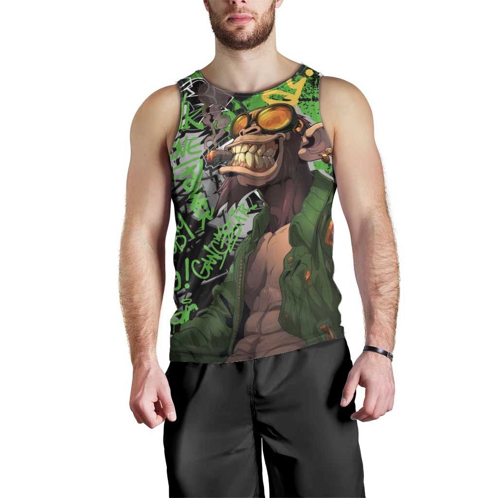 Graffiti Street Art Men Tank Top Smoking Ape Character and Neon Crown Symbols in Green and Yellow Graphic Design - Wonder Print Shop