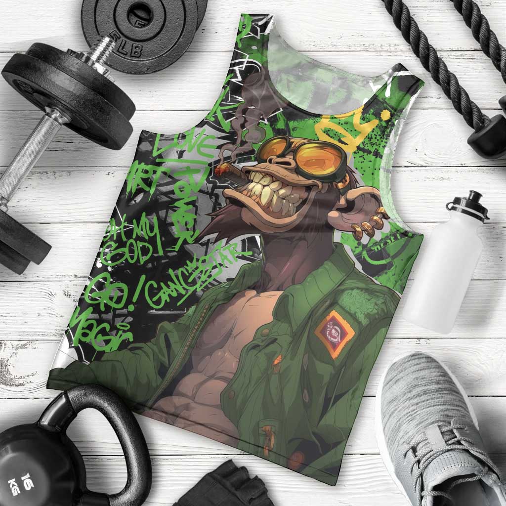 Graffiti Street Art Men Tank Top Smoking Ape Character and Neon Crown Symbols in Green and Yellow Graphic Design - Wonder Print Shop