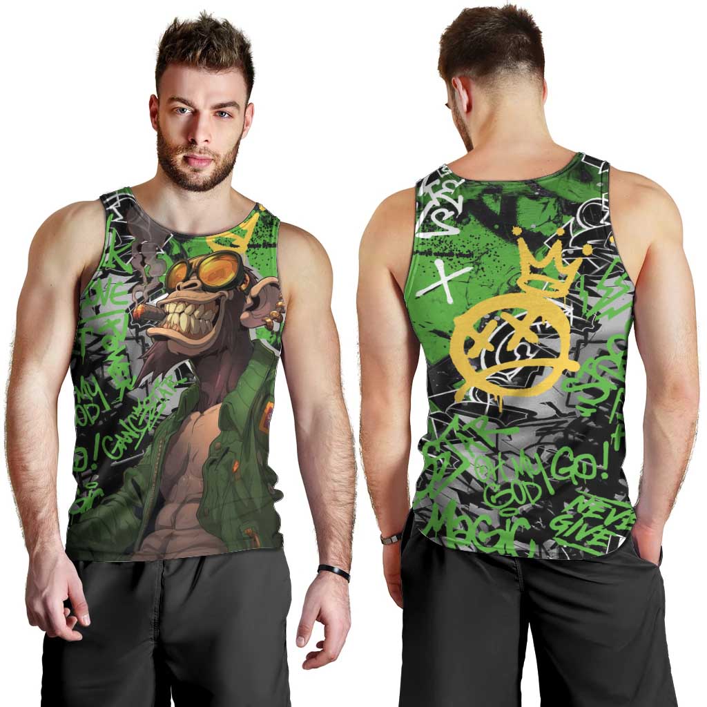 Graffiti Street Art Men Tank Top Smoking Ape Character and Neon Crown Symbols in Green and Yellow Graphic Design - Wonder Print Shop