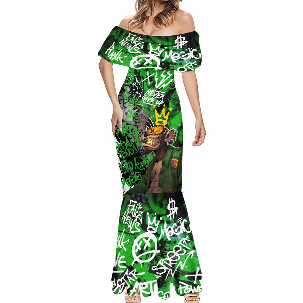 Graffiti Street Art Mermaid Dress Smoking Ape Character and Neon Crown Symbols in Green and Yellow Graphic Design - Wonder Print Shop