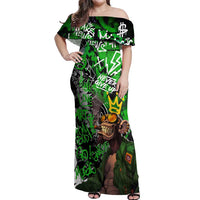 Graffiti Street Art Off Shoulder Maxi Dress Smoking Ape Character and Neon Crown Symbols in Green and Yellow Graphic Design - Wonder Print Shop