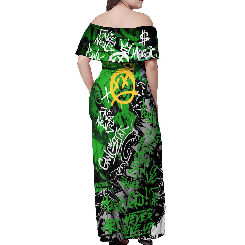 Graffiti Street Art Off Shoulder Maxi Dress Smoking Ape Character and Neon Crown Symbols in Green and Yellow Graphic Design - Wonder Print Shop