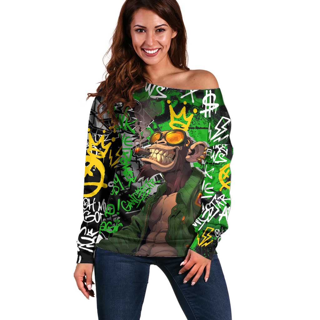 Graffiti Street Art Off Shoulder Sweater Smoking Ape Character and Neon Crown Symbols in Green and Yellow Graphic Design - Wonder Print Shop