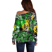 Graffiti Street Art Off Shoulder Sweater Smoking Ape Character and Neon Crown Symbols in Green and Yellow Graphic Design - Wonder Print Shop