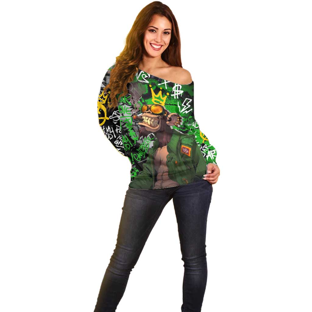 Graffiti Street Art Off Shoulder Sweater Smoking Ape Character and Neon Crown Symbols in Green and Yellow Graphic Design - Wonder Print Shop
