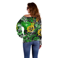 Graffiti Street Art Off Shoulder Sweater Smoking Ape Character and Neon Crown Symbols in Green and Yellow Graphic Design - Wonder Print Shop