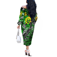 Graffiti Street Art Off The Shoulder Long Sleeve Dress Smoking Ape Character and Neon Crown Symbols in Green and Yellow Graphic Design - Wonder Print Shop