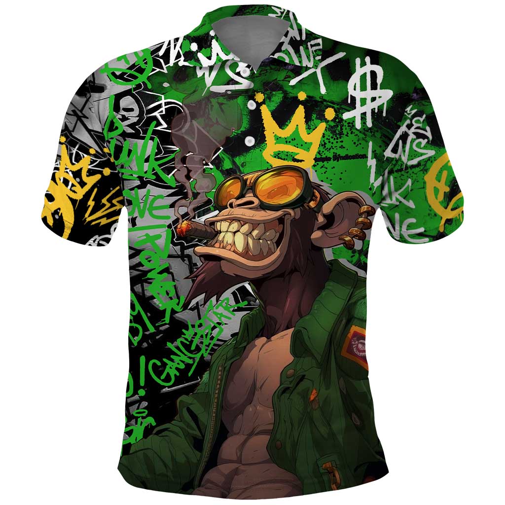 Graffiti Street Art Polo Shirt Smoking Ape Character and Neon Crown Symbols in Green and Yellow Graphic Design - Wonder Print Shop