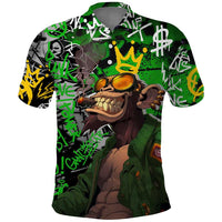 Graffiti Street Art Polo Shirt Smoking Ape Character and Neon Crown Symbols in Green and Yellow Graphic Design - Wonder Print Shop