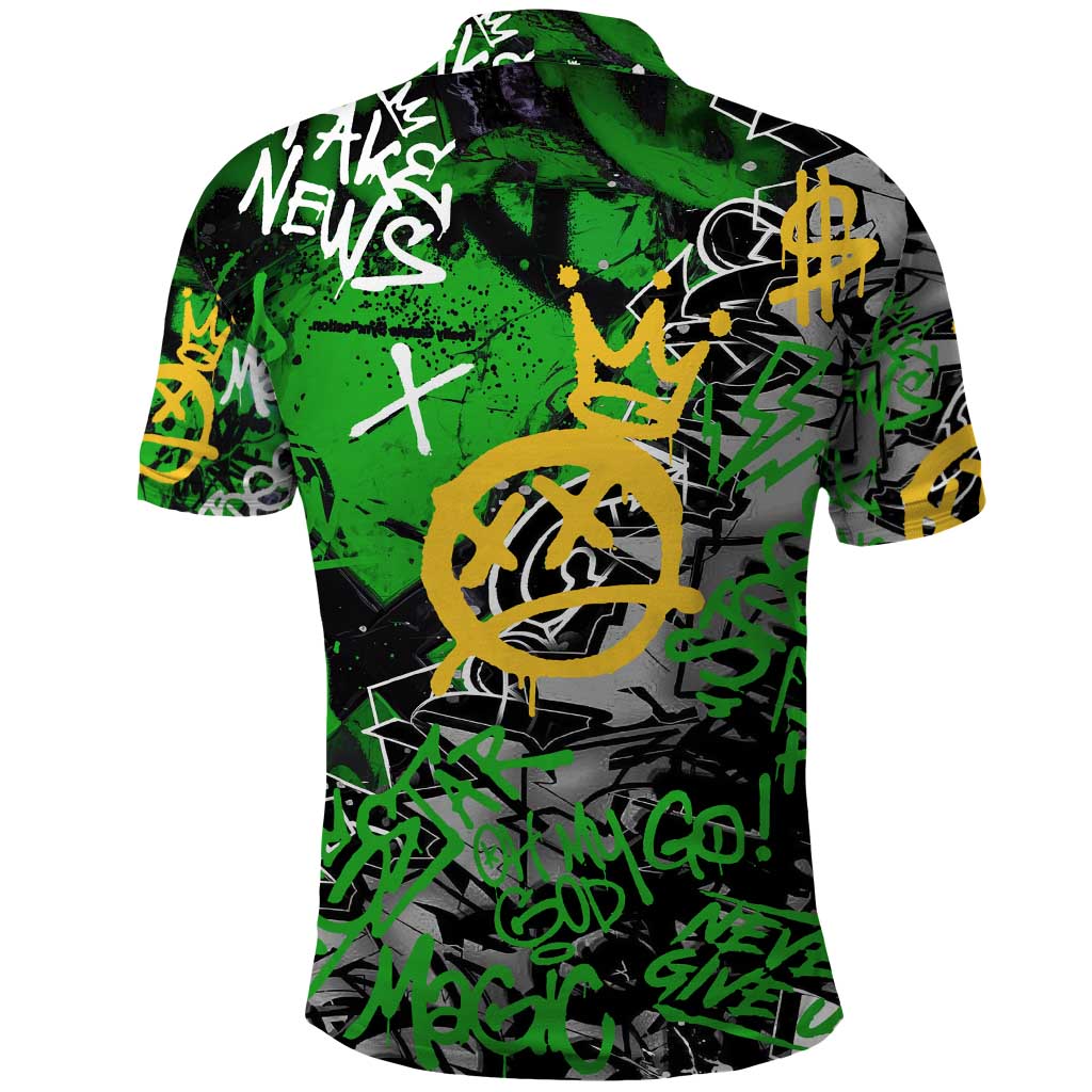 Graffiti Street Art Polo Shirt Smoking Ape Character and Neon Crown Symbols in Green and Yellow Graphic Design - Wonder Print Shop