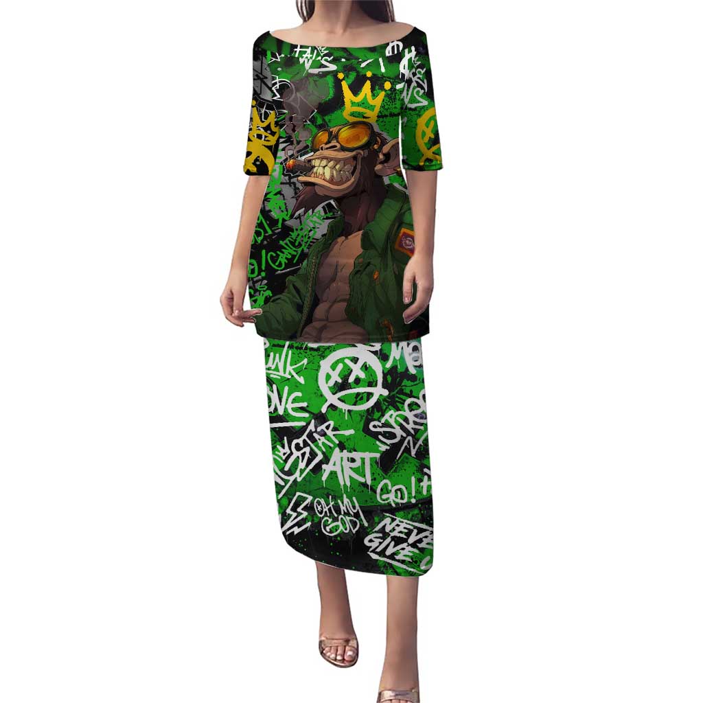 Graffiti Street Art Puletasi Smoking Ape Character and Neon Crown Symbols in Green and Yellow Graphic Design - Wonder Print Shop