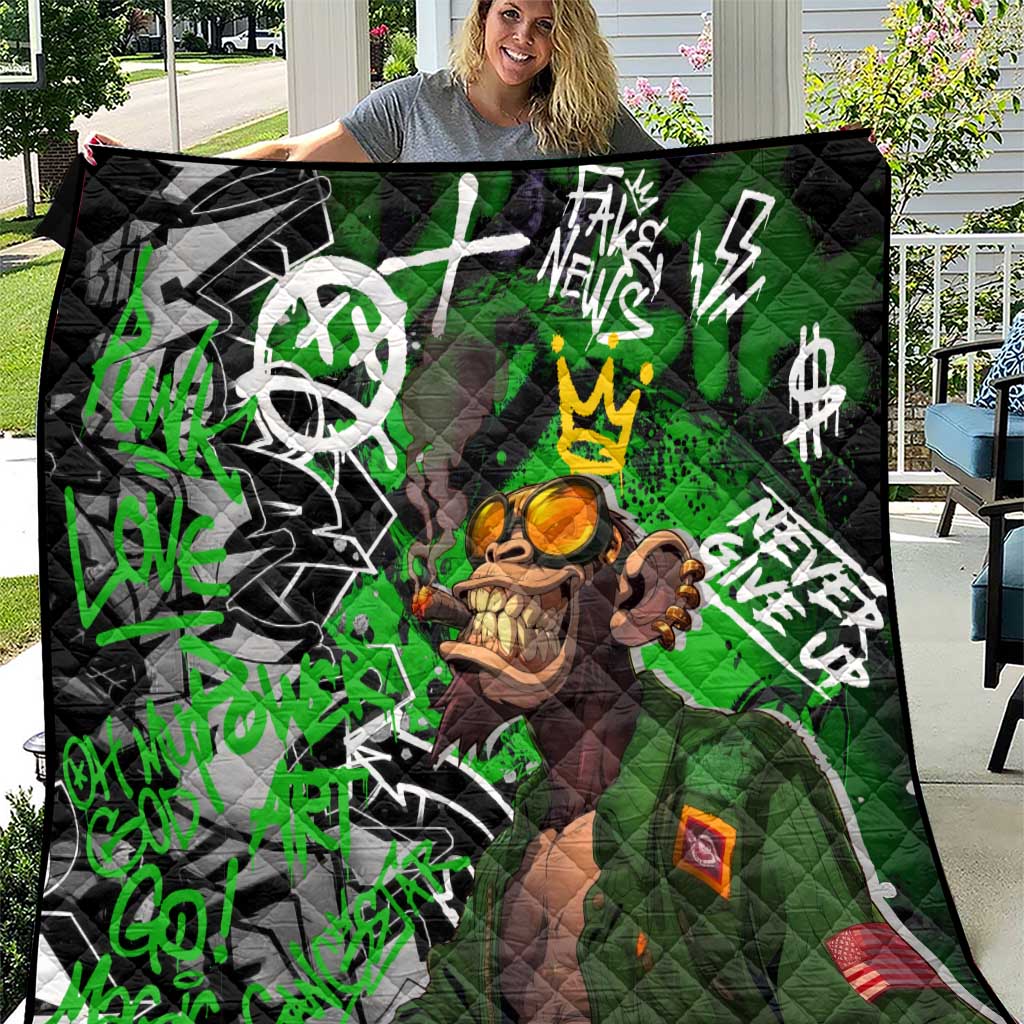 Graffiti Street Art Quilt Smoking Ape Character and Neon Crown Symbols in Green and Yellow Graphic Design - Wonder Print Shop