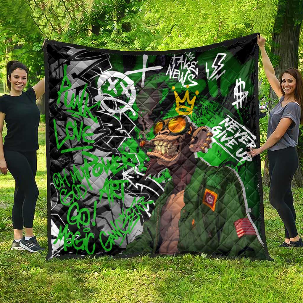 Graffiti Street Art Quilt Smoking Ape Character and Neon Crown Symbols in Green and Yellow Graphic Design - Wonder Print Shop