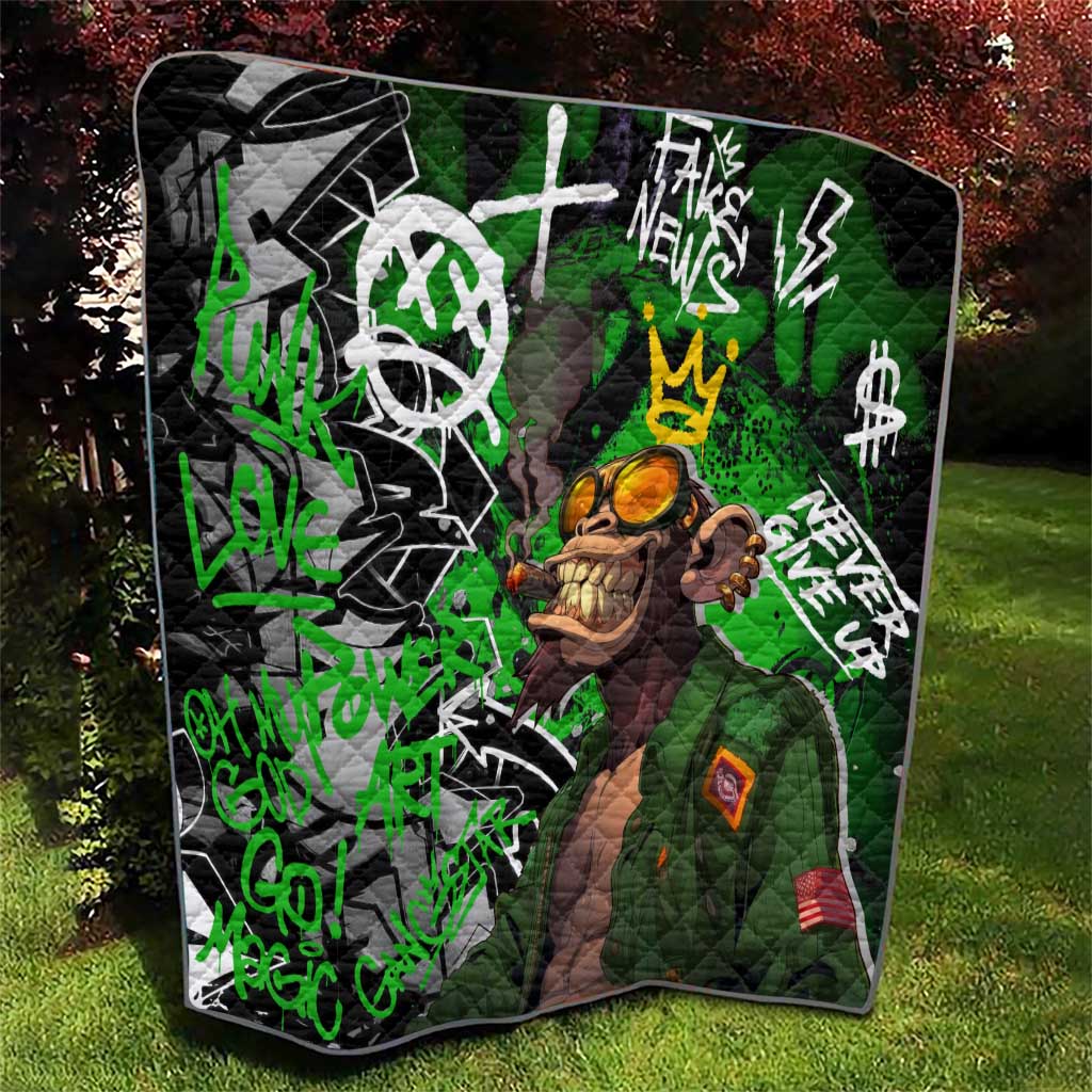 Graffiti Street Art Quilt Smoking Ape Character and Neon Crown Symbols in Green and Yellow Graphic Design - Wonder Print Shop