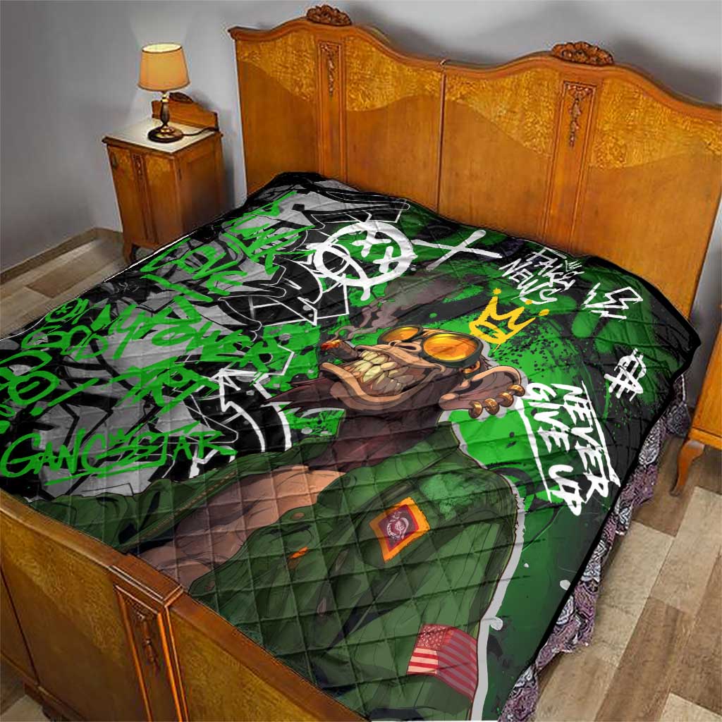 Graffiti Street Art Quilt Smoking Ape Character and Neon Crown Symbols in Green and Yellow Graphic Design - Wonder Print Shop
