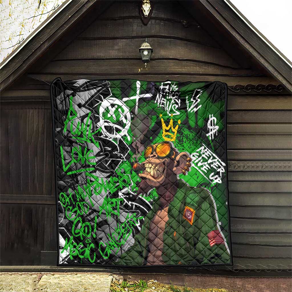 Graffiti Street Art Quilt Smoking Ape Character and Neon Crown Symbols in Green and Yellow Graphic Design - Wonder Print Shop