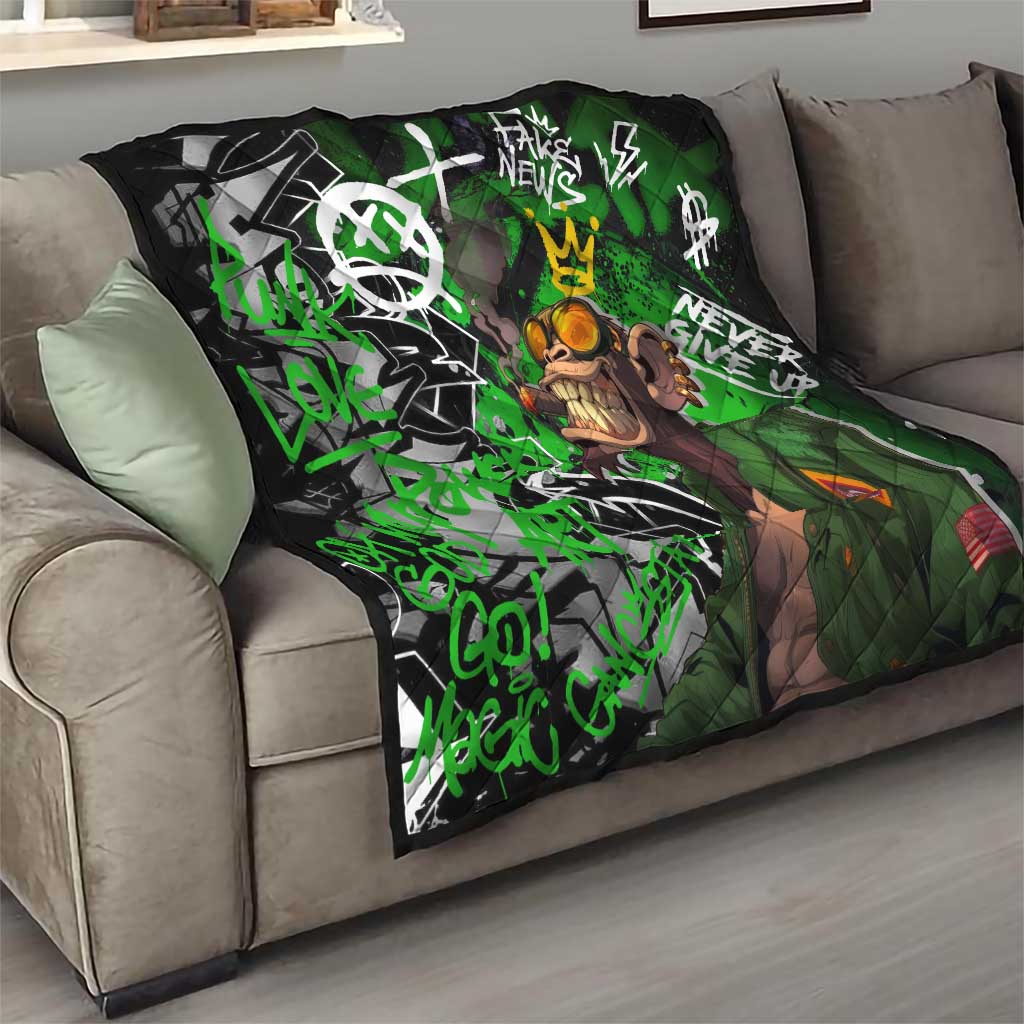 Graffiti Street Art Quilt Smoking Ape Character and Neon Crown Symbols in Green and Yellow Graphic Design - Wonder Print Shop
