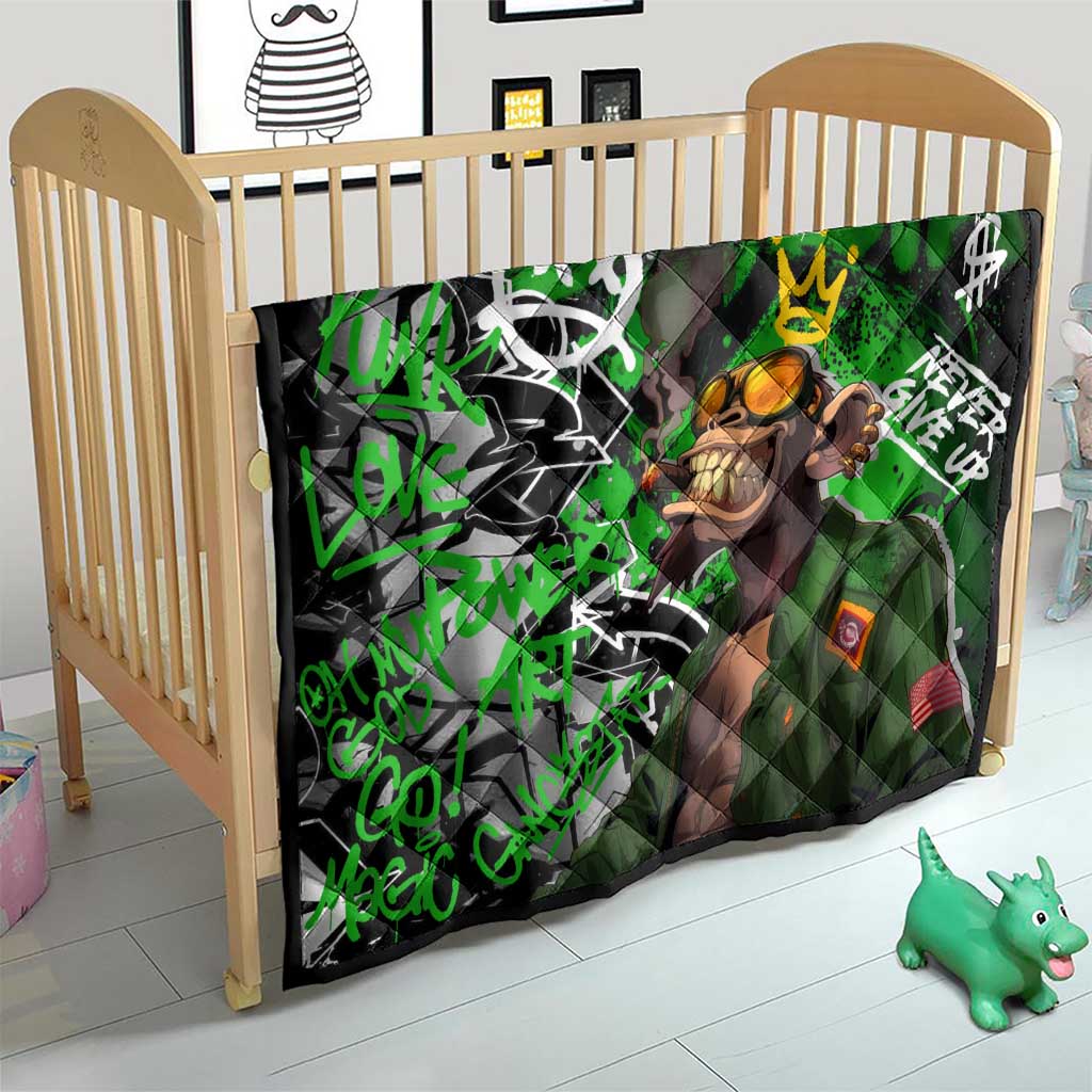 Graffiti Street Art Quilt Smoking Ape Character and Neon Crown Symbols in Green and Yellow Graphic Design - Wonder Print Shop