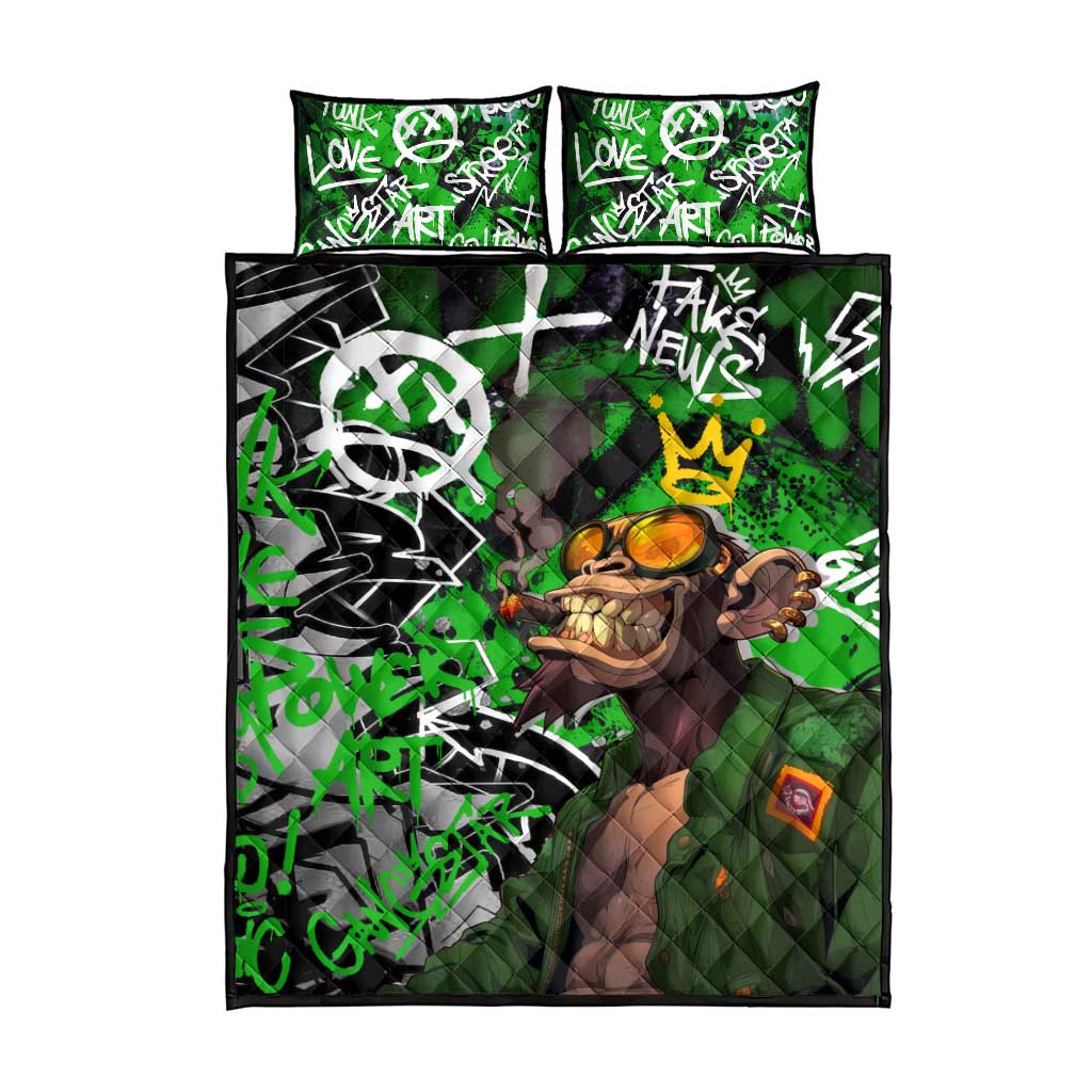 Graffiti Street Art Quilt Bed Set Smoking Ape Character and Neon Crown Symbols in Green and Yellow Graphic Design - Wonder Print Shop