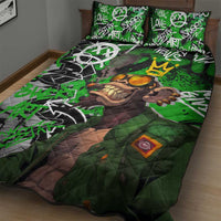 Graffiti Street Art Quilt Bed Set Smoking Ape Character and Neon Crown Symbols in Green and Yellow Graphic Design - Wonder Print Shop