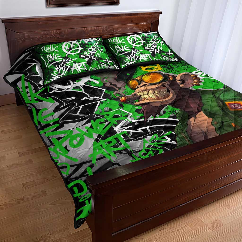 Graffiti Street Art Quilt Bed Set Smoking Ape Character and Neon Crown Symbols in Green and Yellow Graphic Design - Wonder Print Shop