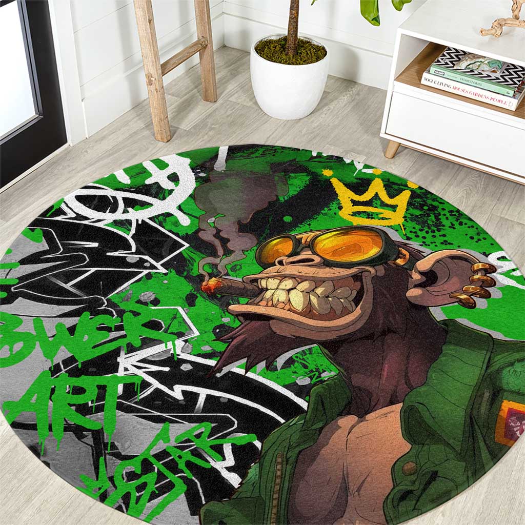 Graffiti Street Art Round Carpet Smoking Ape Character and Neon Crown Symbols in Green and Yellow Graphic Design - Wonder Print Shop