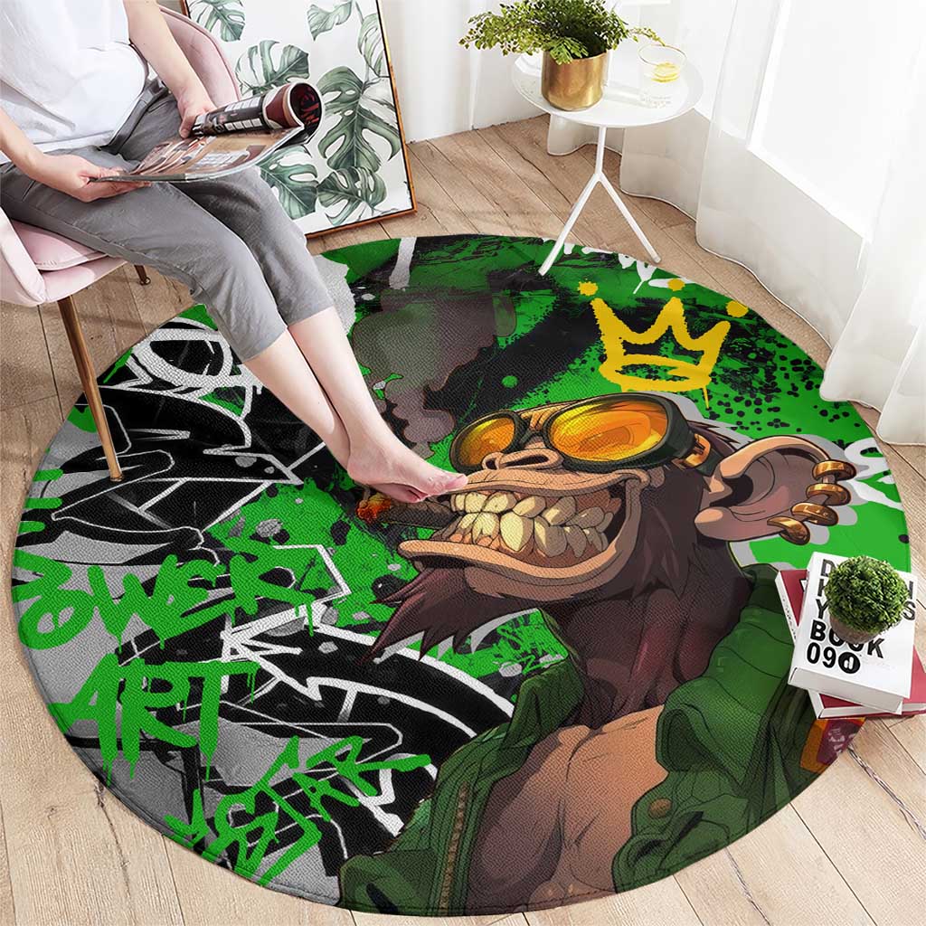 Graffiti Street Art Round Carpet Smoking Ape Character and Neon Crown Symbols in Green and Yellow Graphic Design - Wonder Print Shop