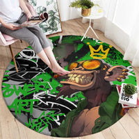 Graffiti Street Art Round Carpet Smoking Ape Character and Neon Crown Symbols in Green and Yellow Graphic Design - Wonder Print Shop
