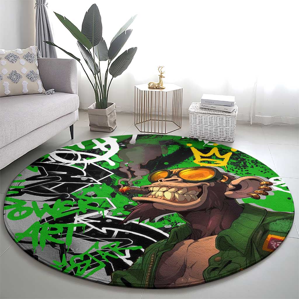 Graffiti Street Art Round Carpet Smoking Ape Character and Neon Crown Symbols in Green and Yellow Graphic Design - Wonder Print Shop